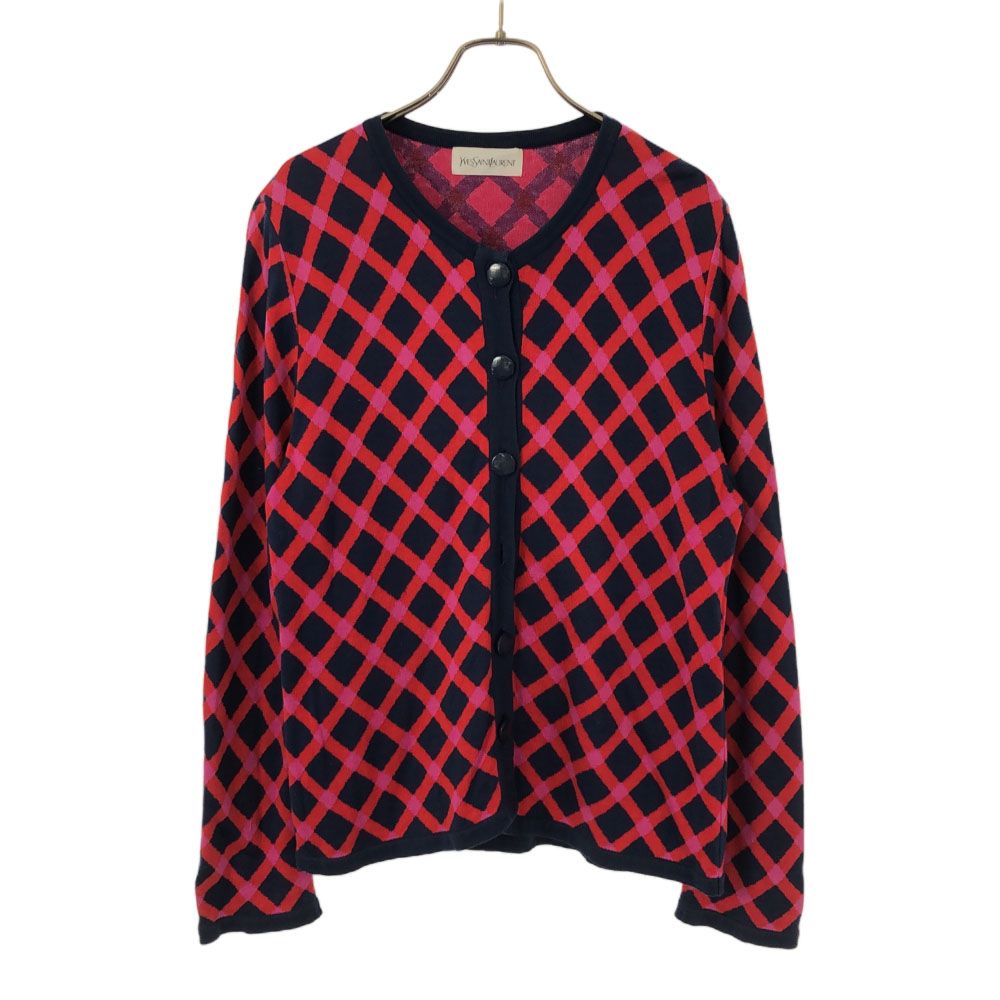 Yves Saint Laurent - イヴサンローラン 90s 総柄 長袖 ニットカーディガン M ネイビー×レッド YVES SAINT LAURENT オールド ヴィンテージ レディース イヴサンローラン 90s 総柄 長袖 ニットカーディガン M ネイビー