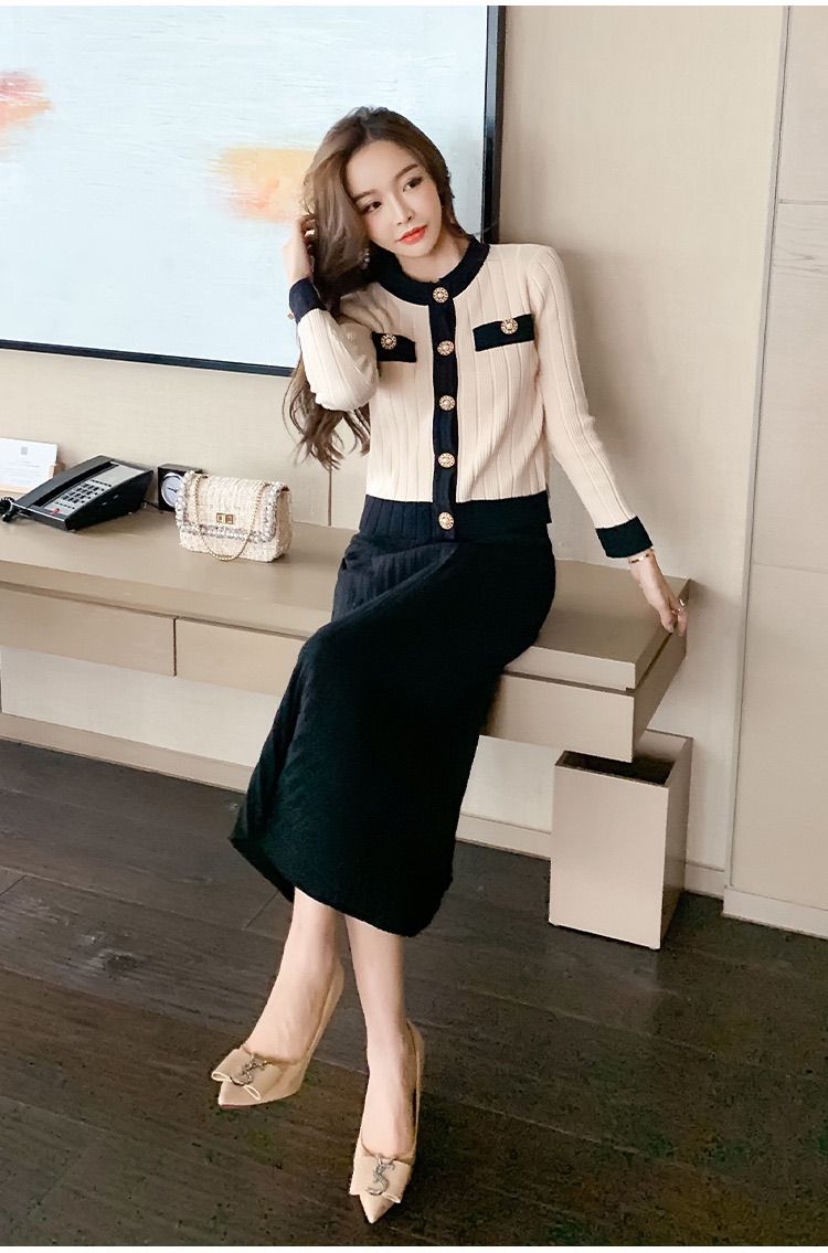 セットアップ カーディガン 膝丈スカート 長袖 白 黒 - メルカリ