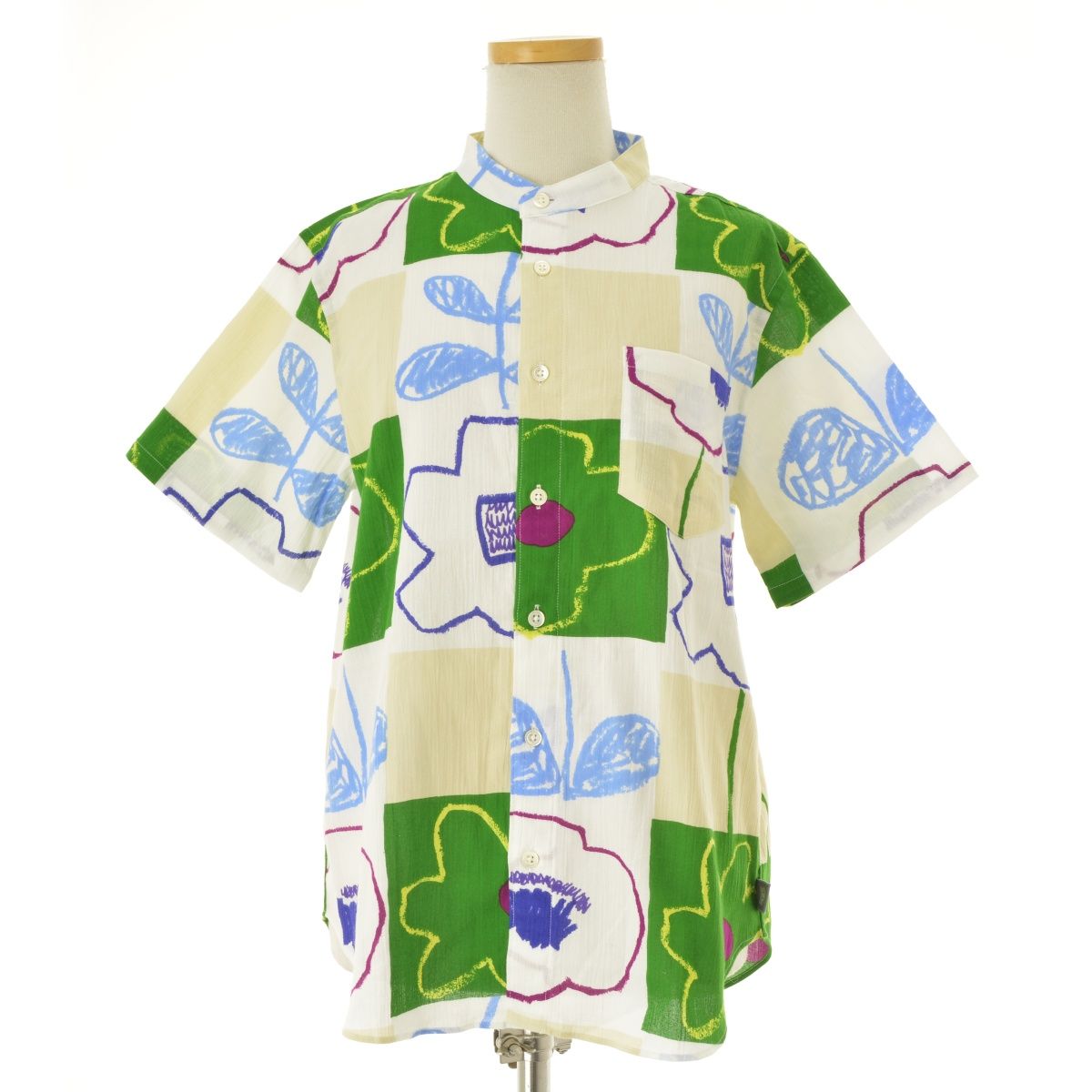 SOUSOU】高島縮 20/20 スタンドカラー半袖シャツ/わらわ半袖シャツ