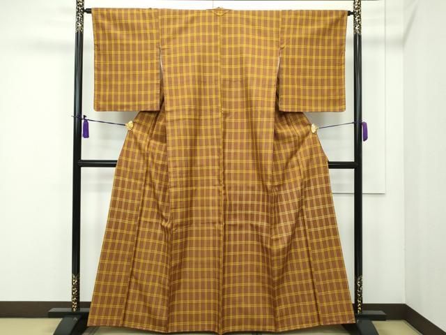 平和屋本店□希少 山下八百子 本場黄八丈 市松綾織 草木染 格子柄 証紙