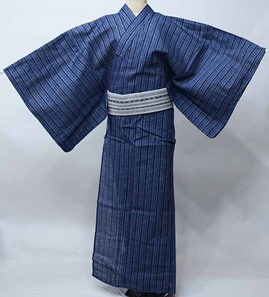浴衣 帯 下駄 信玄袋 腰紐2本 6点フルセット 男性用 Lサイズ 綿85％ 麻15％ しじら織り 濃紺色 縞柄 夏祭り NO41749-2