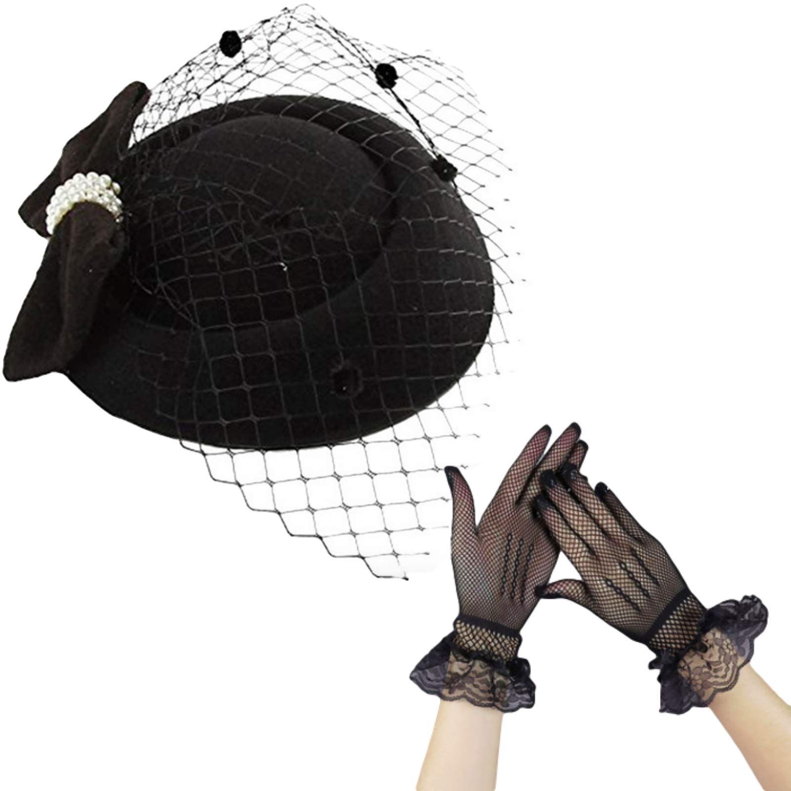 【特価商品】レース付き リボン パール パーティー ヘッドドレス 結婚式 カクテルハット アクセサリー トーク帽 手袋 Plus] セット [Sweet