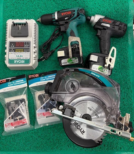 リョービ RYOBI 14.4v 8点セット 充電式集じん丸ノコBNW-470 充電式インパクトドライバーBID-1416 充電式ドライバードリルBDM-143 充電器BC-1400L バッテリB-1430Lｘ２ 電池パックアダプタBA-140ｘ２