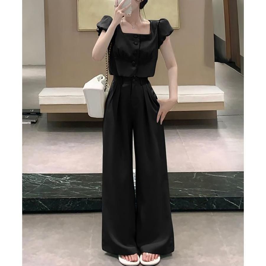 セットアップ春夏半袖トップスワイドパンツ