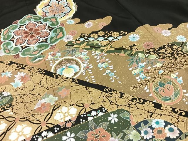 平和屋着物□豪華黒留袖 刺繍 雲取り牡丹花文 金糸 金彩 正絹