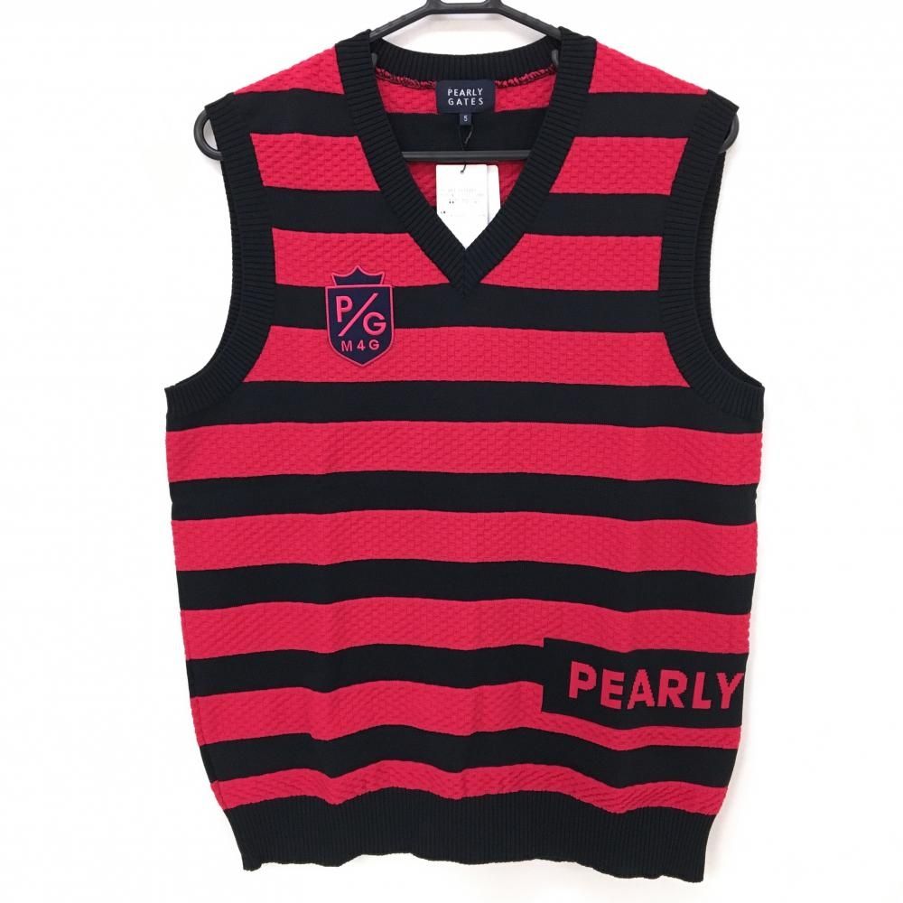 パーリーゲイツ ニットベスト ピンク×ダークネイビー 太ボーダー ブロックチェック編み メンズ 5 L ゴルフウェア PEARLY GATES