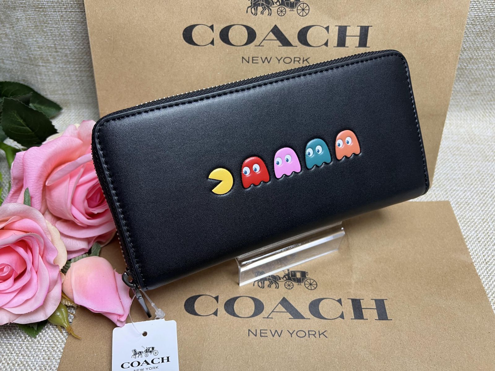 COACH 長財布 財布 コーチ パックマンコラボ黒 フューシャ レザー