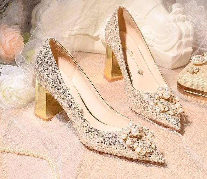 パールビジュー パーティーシューズ 太ヒール ウェディング