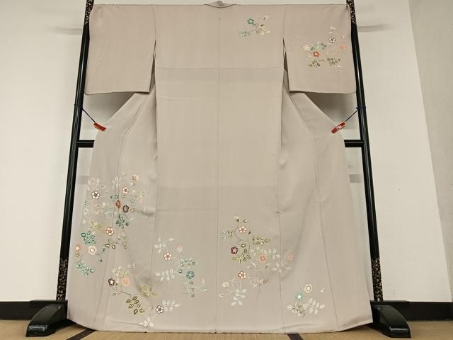 平和屋着物●訪問着 友禅 刺繍 型染め 花唐草文 金彩 鬼しぼ縮緬 正絹 AAAV7322zg