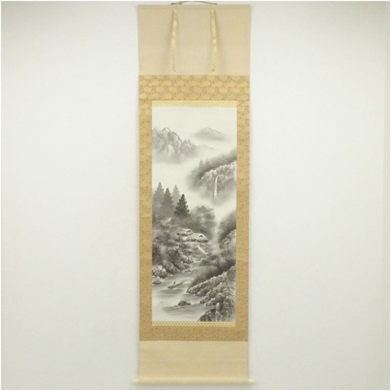 山田白峰筆 水墨山水 肉筆絹本掛軸（共箱） 掛け軸 床の間 書 おしゃれ