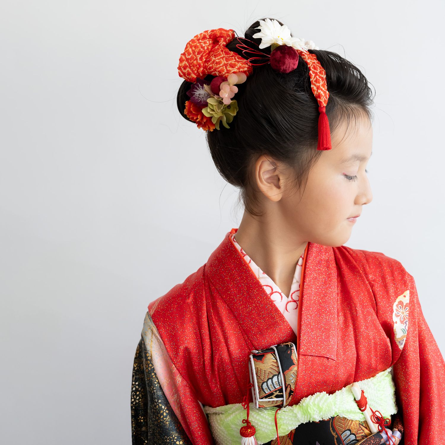 七五三7歳日本髪/ハーフ成人式振袖髪飾り赤A】ヘッドドレス＆水引き赤