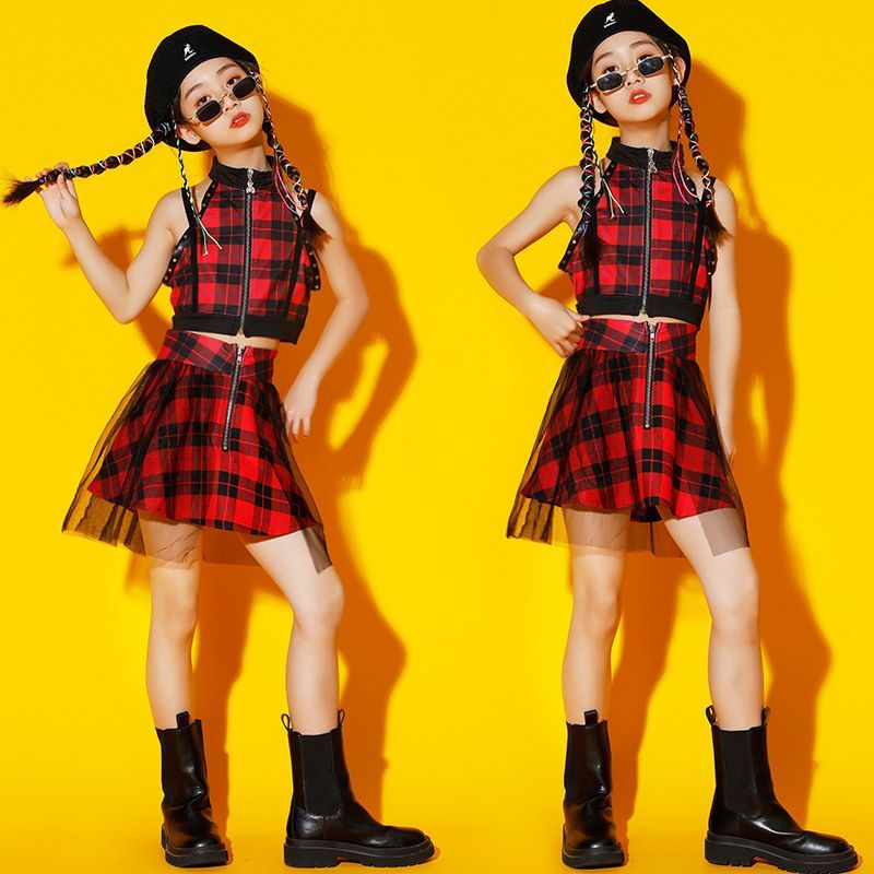 キッズダンス ダンスウェア 子供服 女の子 スカートセット 上下セット 肩出し HIPHOP チェック柄 ダンス  nee3c594894