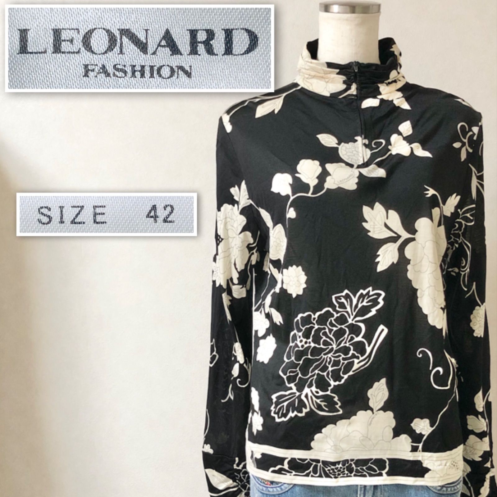 LEONARD FASHON レオナールファッション ハイネック ハーフジップカットソー シルク×ウール 花柄 長袖 size42(XL相当) 日本製  ストレッチ素材 レディース - メルカリ