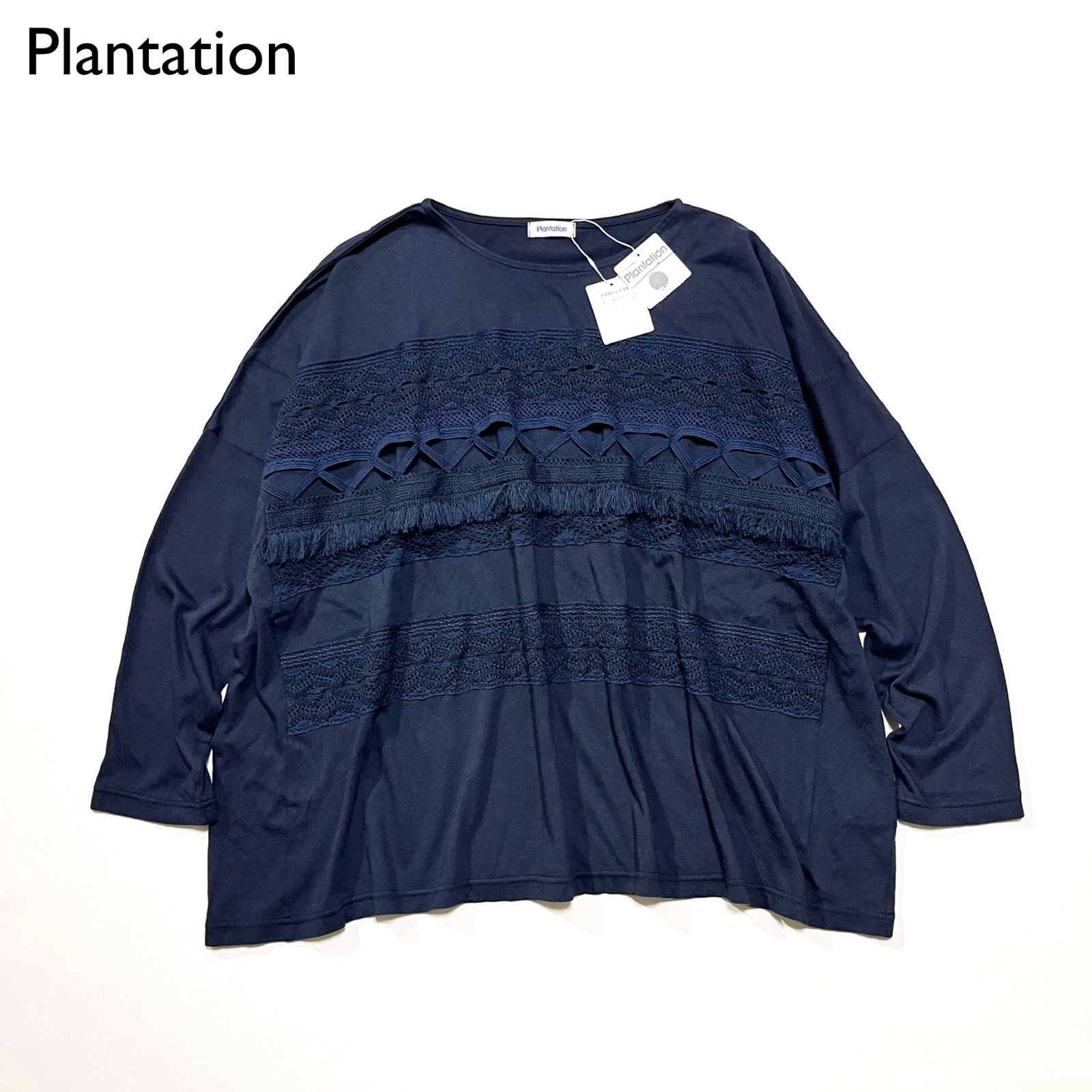 cE69 Plantation 2025SS トーションレースドッキング カットソー フリンジ刺繍総柄 ロンT 定価26 400円
