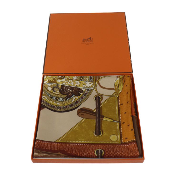 2507-123｜美品｜エルメス カレ 90 スカーフ シルク オレンジ HERMES エルメス TOUT CUIR すべて皮 スカーフ - シルク