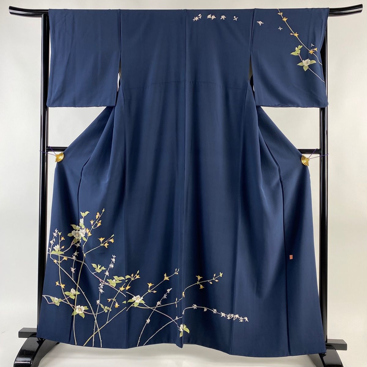 訪問着 身丈160.5cm 裄丈65cm M 袷 加賀友禅 前川哲 証紙 枝花 紺色  