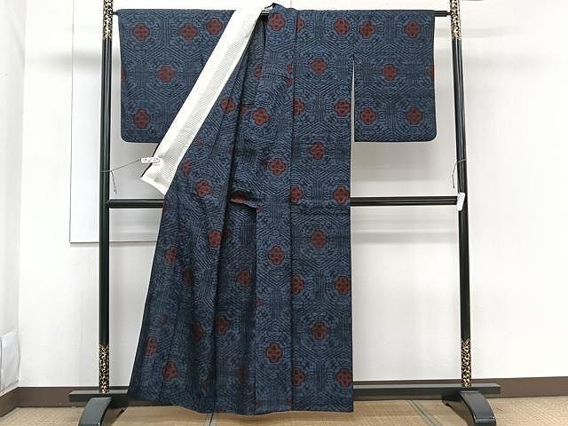 平和屋着物▽結城縮 単衣 幾何学文 正絹 逸品 未使用 AAAV8383fy