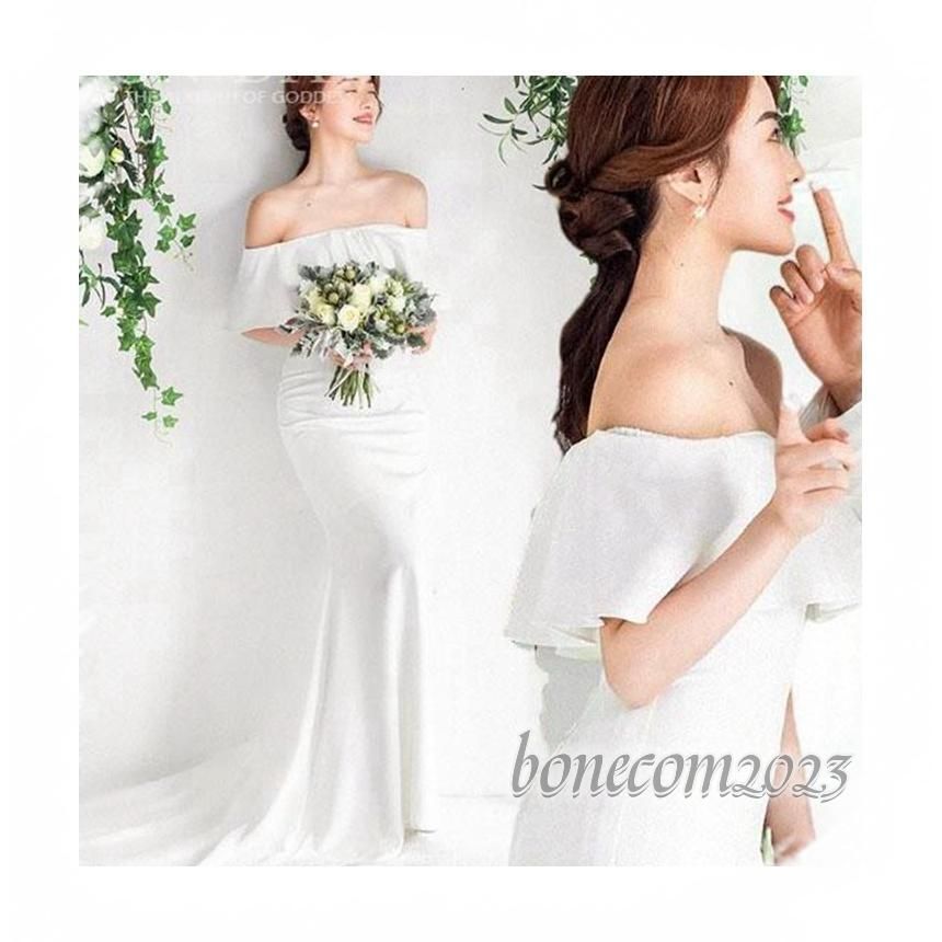 ウェディングドレス ウエディングドレス白 パーティー オフショルダー 花嫁ロングドレス 結婚式 トレーンライン 二次会 フォームドレス お呼ばれ 挙式