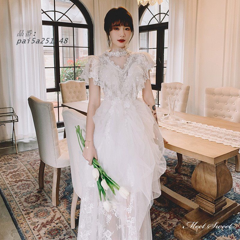 ウェディングドレス マキシドレス フライングスリーブ フリル 二次会 結婚式 チュール 挙式 花嫁 ブライダル ウエディングドレス 前撮り pai5a251348