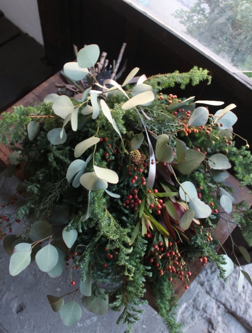 20cm/針葉樹ブルーバードと紫陽花のころんとグリーンリース/Xmas 20cm/針葉樹ブルーバードと紫陽花のころんとグリーンリース/Xmas