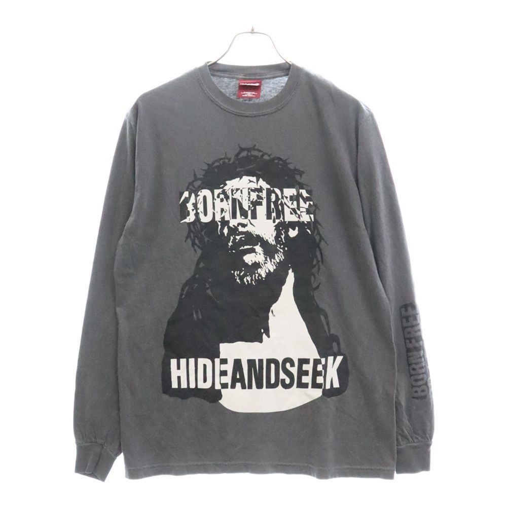 Hideandseek (ハイドアンドシーク) フロントプリント クルーネック 長袖 カットソー Tシャツ グレー