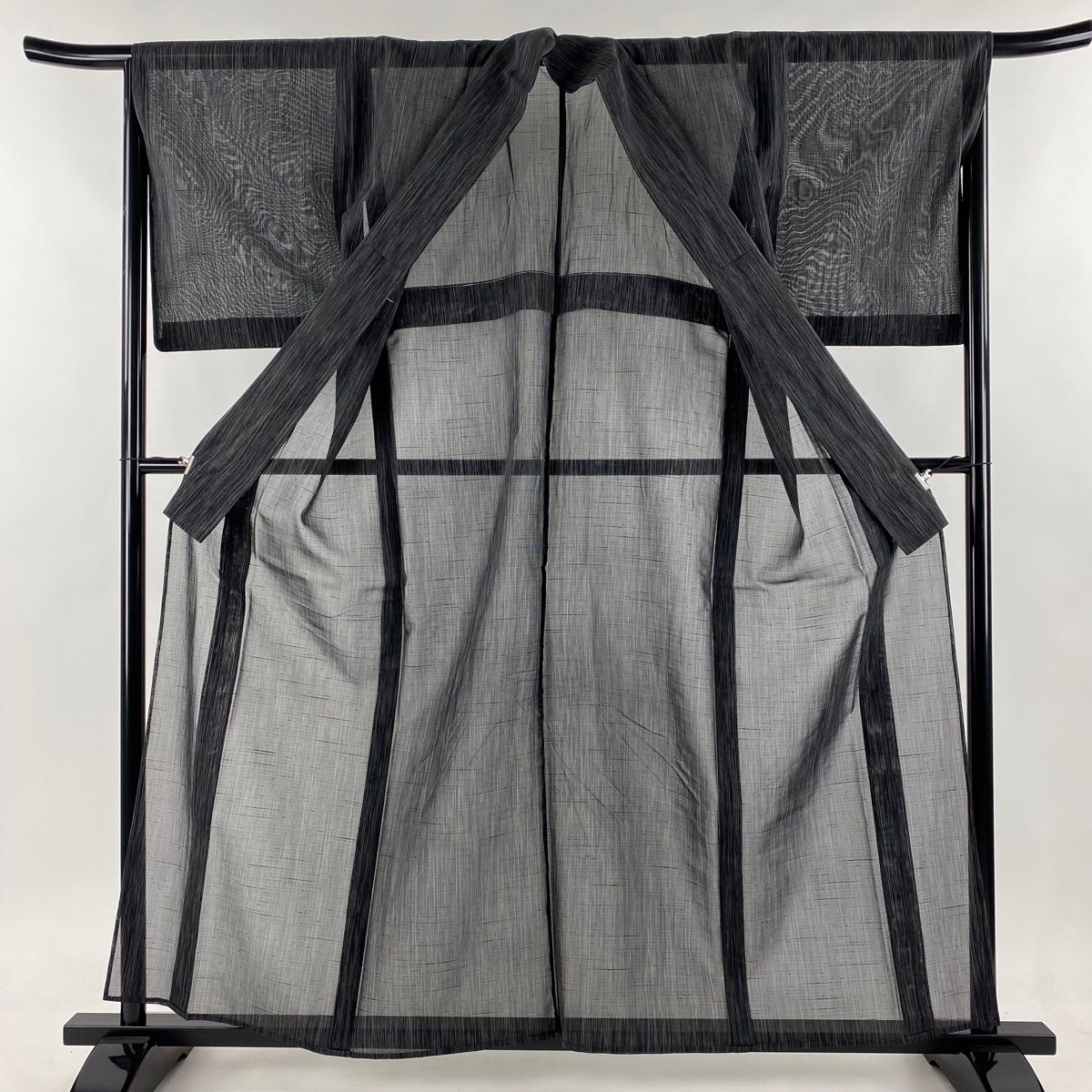 紬 身丈159cm 裄丈64cm M 薄物 夏紬 縞 黒 正絹 美品 名品 【中古  