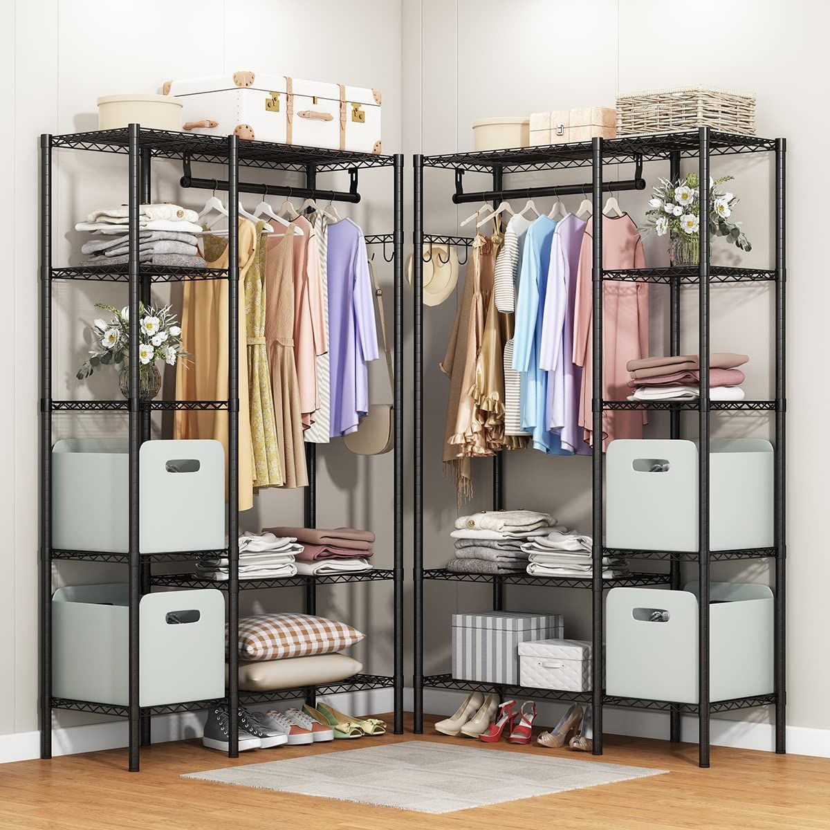 数量 大容量 棚付き 棚板高さ調節 コート掛け 省スペース ブラック 衣類収納 コートハンガー 幅114×奥行40×高さ180cm ハンガーラック ワードローブ