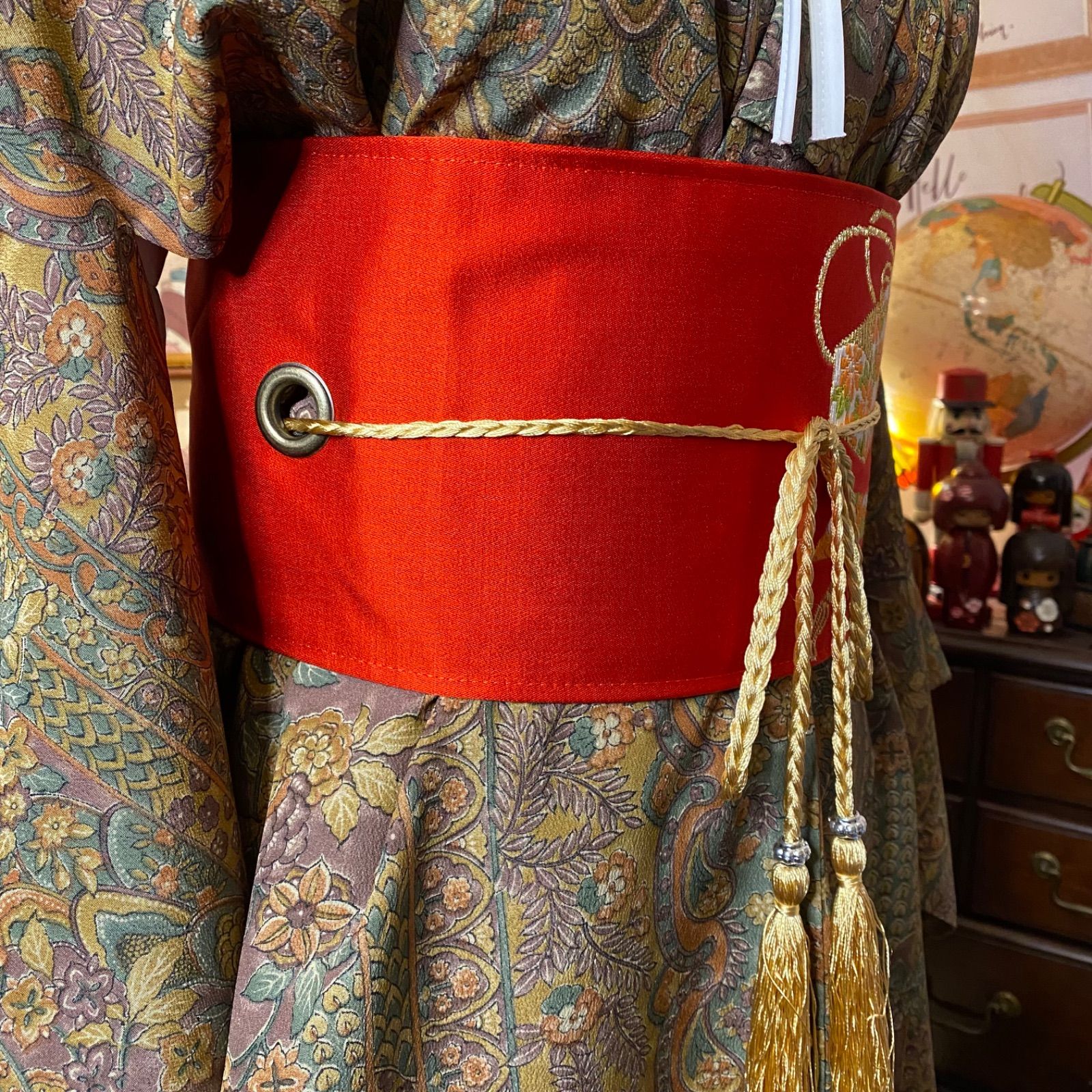 着物 リメイク ワンピース ドレス｜洗える 化繊 名古屋帯サッシュ  