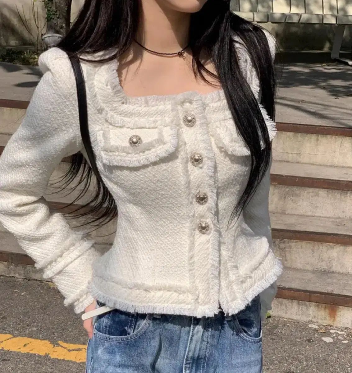 modimood スクエアネック LINE ツイード コート ジャケット アイボリー 1サイズ Glamlee スカート