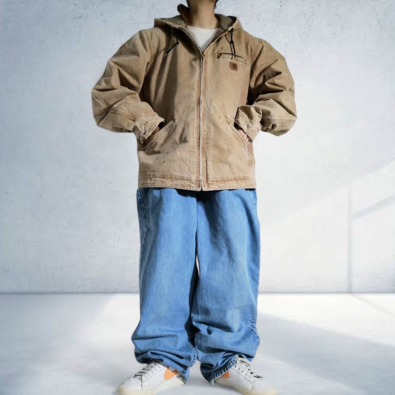 00年代 カーハート Carhartt ダックジャケット シエラジャケット 裏ボア フーディ 襤褸 フェード ベージュ メンズ L