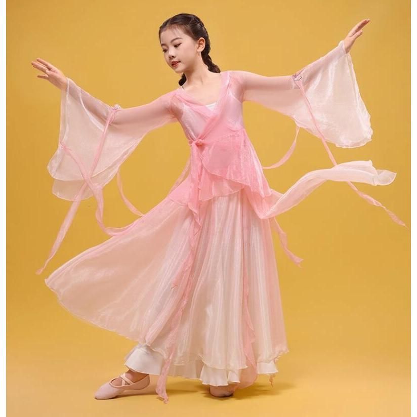 女の子古典ダンス衣装 飄逸な子供古典ダンス服 3点セット チャイナブラウス キュロットスカート 扇子古典ダンスウェア シフォン 子供 唐装