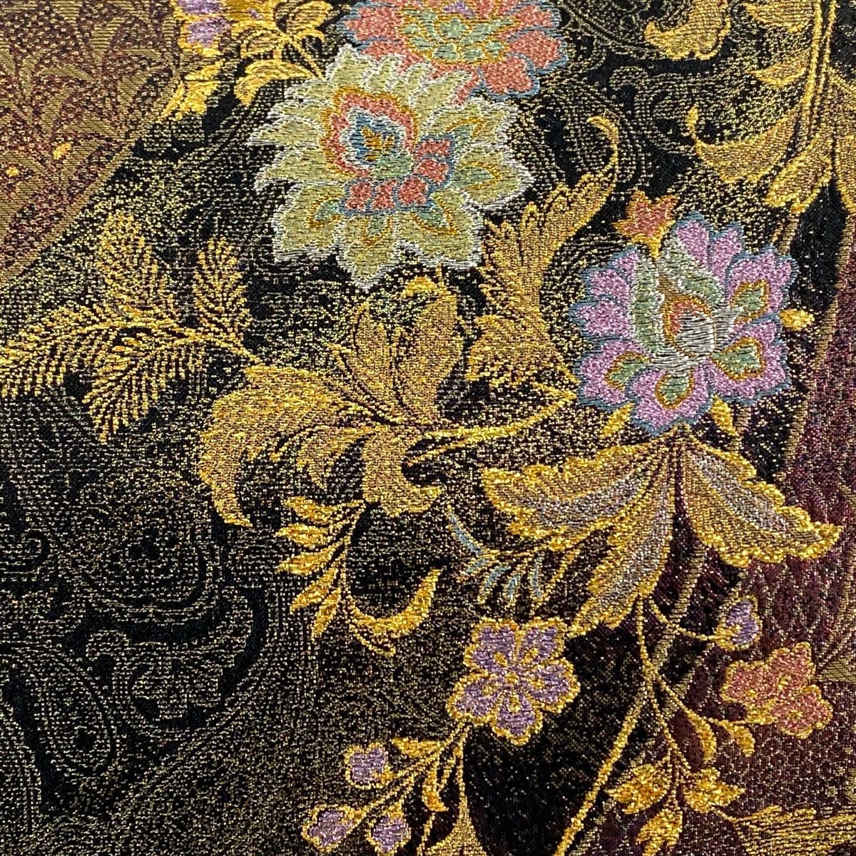 袋帯 美品 秀品 草花 ペーズリー 箔 金銀糸 黒 六通 正絹 【中古
