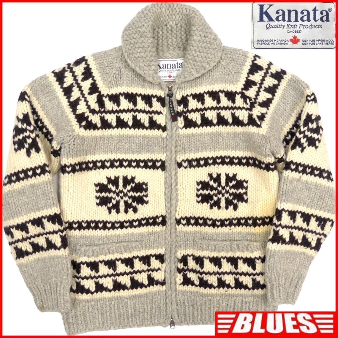 KANATA カウチンニット シャチ ハート 水色 カナダ製 古着 a2508-1.jpg
