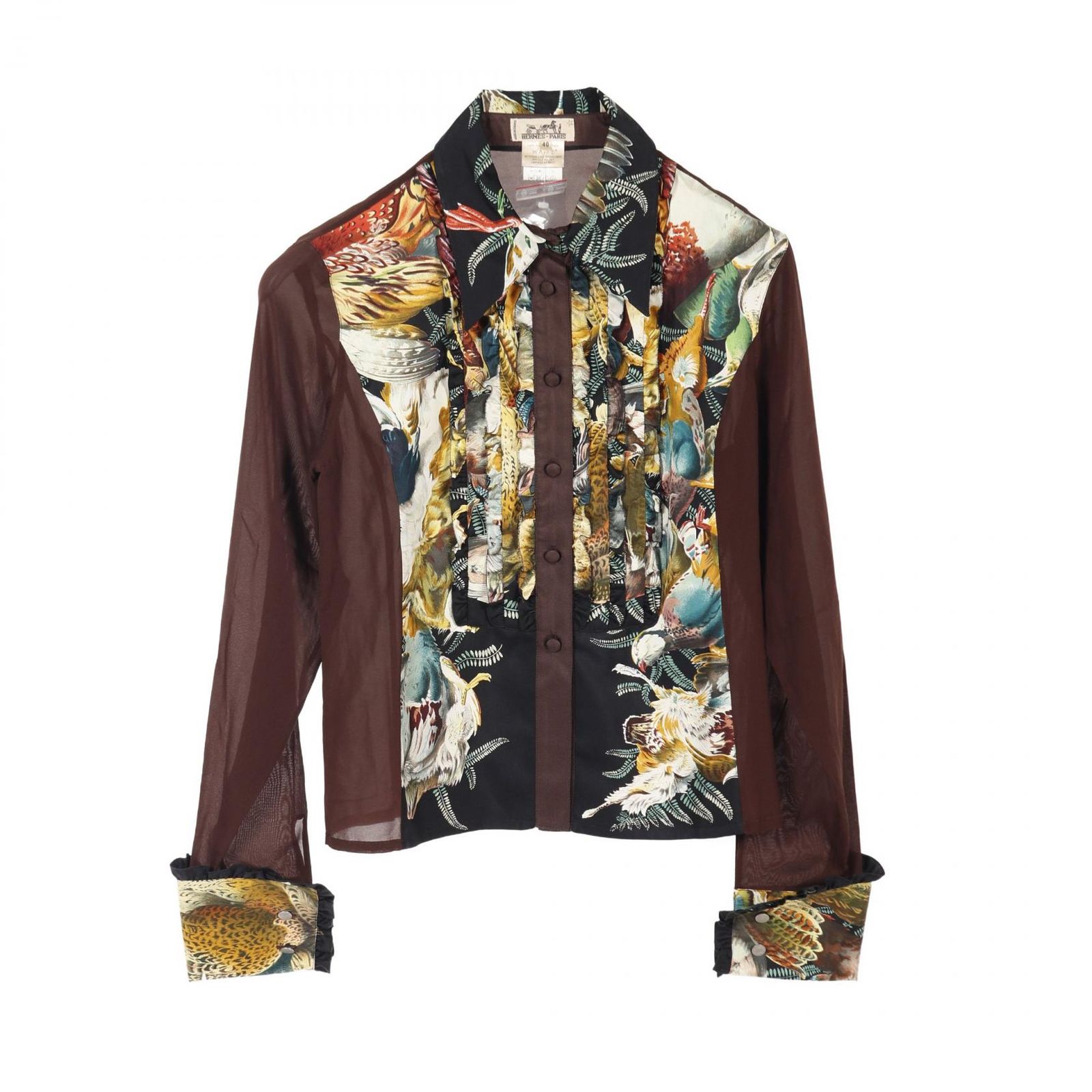 エルメス H De LINARES フリル ブラウス シルク セリエボタン 42 エルメス H De LINARES フリル ブラウス シルク セリエボタン 42