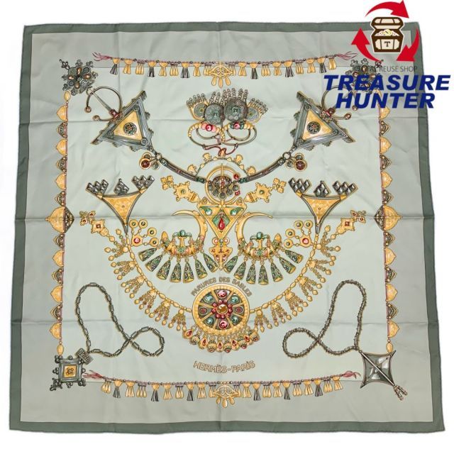 1円～ エルメス カレ90 PARURES DES SABLES 砂漠のアクセサリー スカーフ オレンジ系 シルク100% HERMES 中古 HERMESPARURES DES SABLESフランス製エルメス『カレ90 砂漠