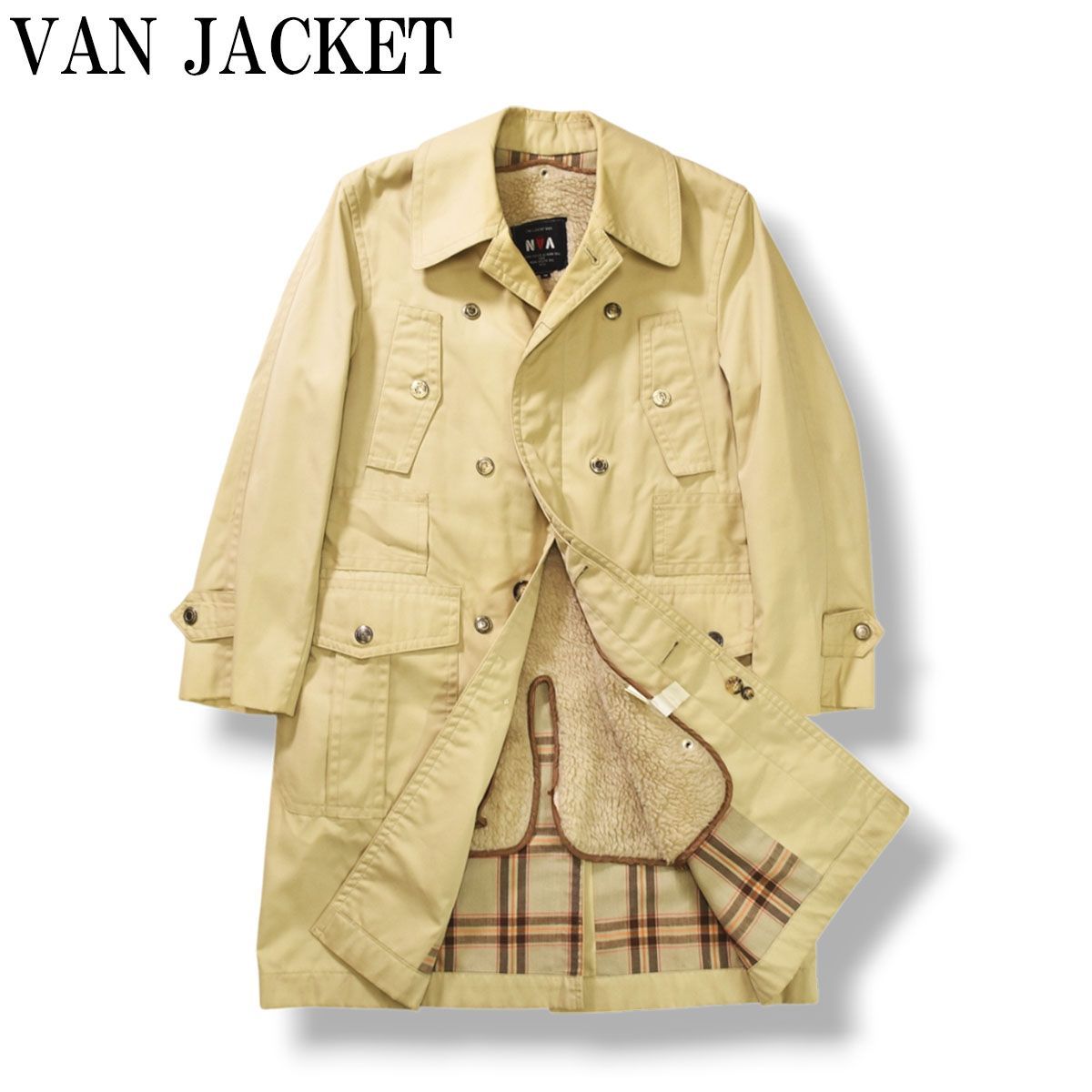 70sヴィンテージ ヴァン ヂャケット VAN JACKET INC ボアライナー付き フィールドコート ジャケット 裏地チェック柄 ステン コート アイビー トラッド M ベージュ メンズ