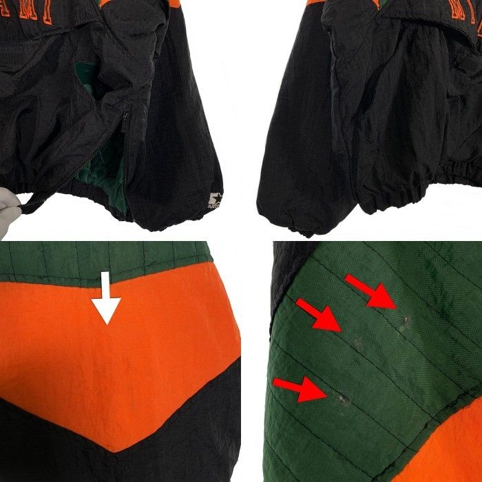 90's STARTER スターター マイアミハリケーンズ 大学 ナイロン プルオーバーパーカー 中綿 ブラック 韓国製 Size XL 90's STARTER スターター マイアミハリケーンズ 大学 ナイロン プル
