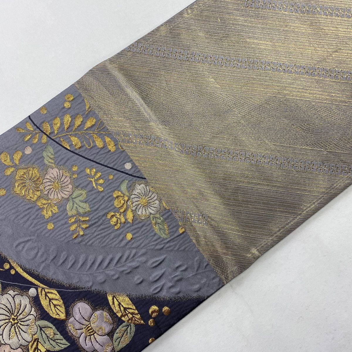 袋帯 美品 秀品 やまと 草花 露芝 箔 灰紫 六通 正絹 【中古