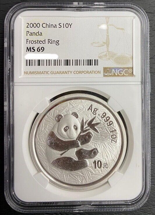NGC MS69 China 2000 Frosted Ring Panda Silver Coin 1oz 10 Yuan