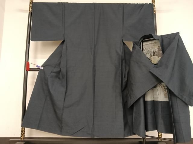 平和屋着物●男性 紬 アンサンブル 色無地 濃藍色 正絹 AABA5070np
