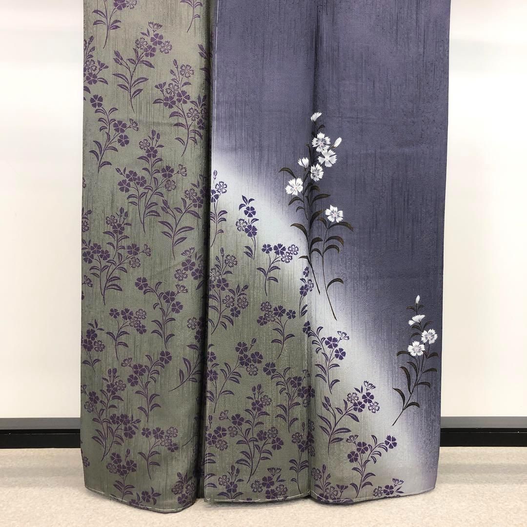 訪問着 上品な撫子の花柄模様 友禅 金彩 鳩羽紫色 しつけ糸 K-