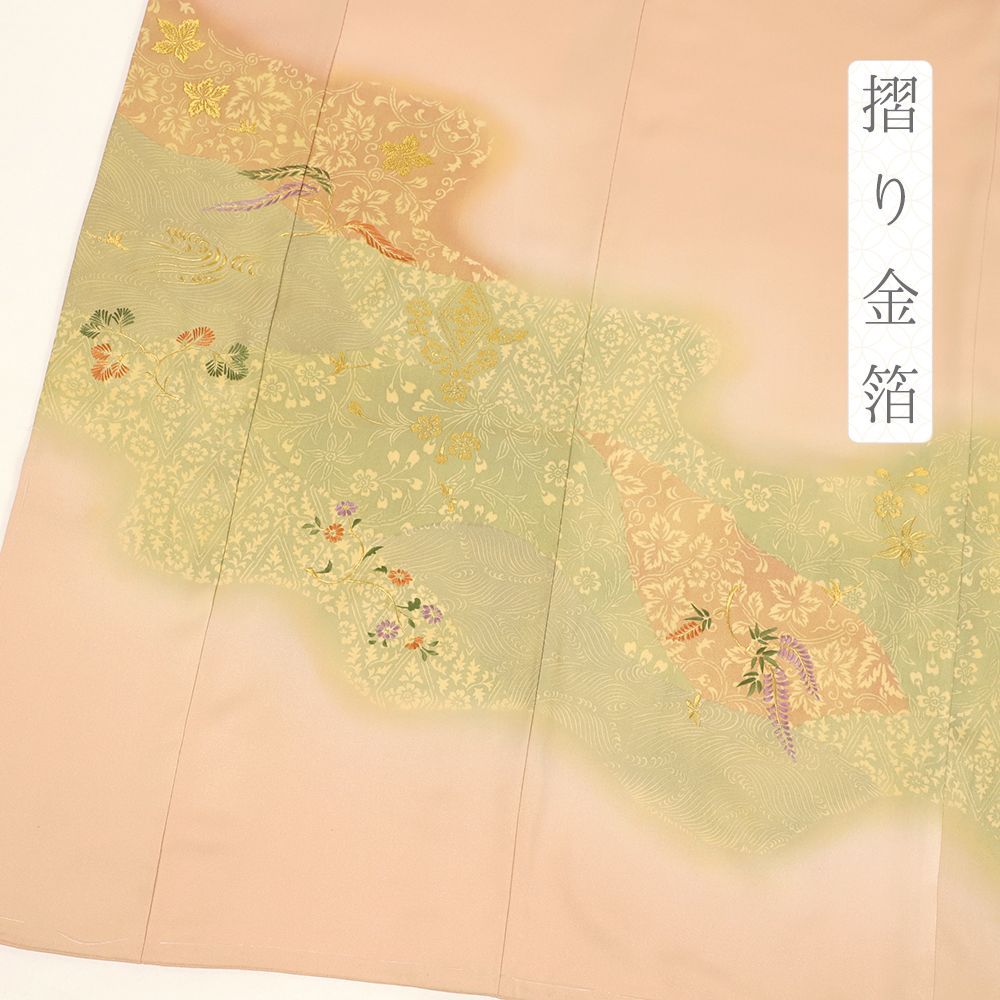 色留袖 正絹 サーモンピンク リサイクル 一つ紋 紅葉 花唐草 身丈172.5cm 裄68.5cm ＴＬサイズ 大きいサイズ No.i3-0864