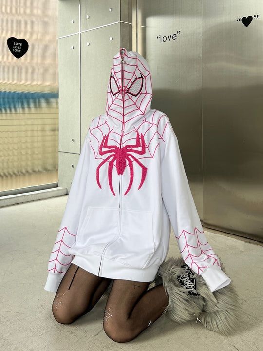 KaKazzy】スパイダーマン ホワイト×ピンク フルジップ パーカー 男女