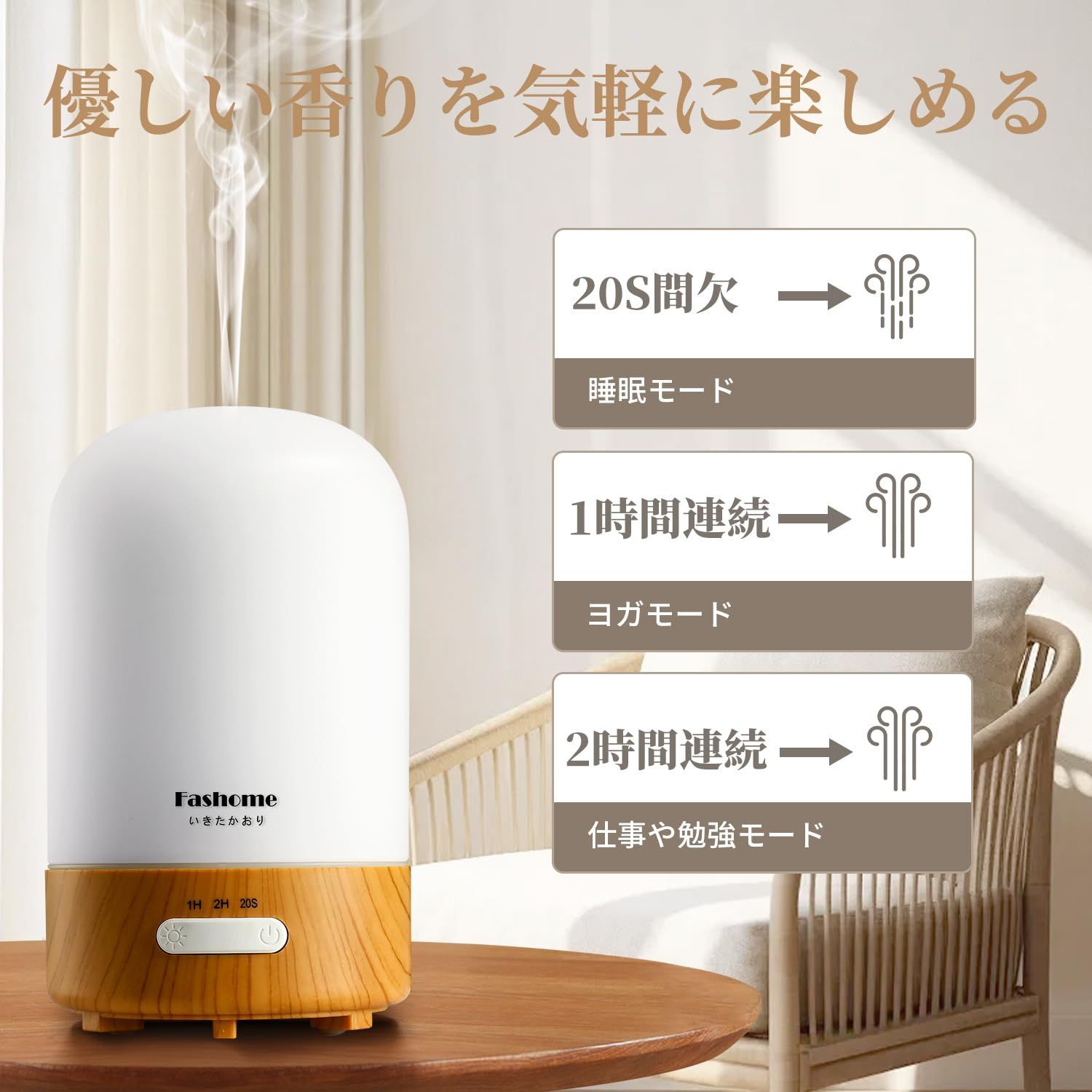 Fashome アロマディフューザー 加湿器 小型 卓上 超音波式加湿器 アロマ対応 コンパクト 手作り磨りガラス ディフューザー 寝室 静音 睡眠  3階タイマー 空焚き防止 LEDライト オフィス 寝室 部屋用 木目調 ミニ加湿器 乾燥対応 花粉 - メルカリ