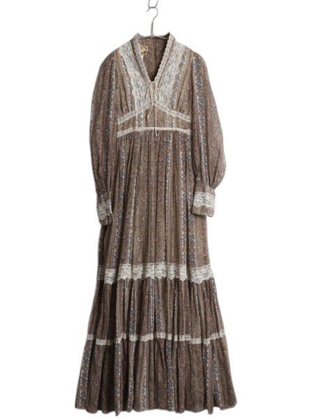 ビンテージ 70s USA袖無 ロング ドレス アンティーク ワンピース 希少 お得なクーポン配布中!】 70s USA製 ガニーサック 総柄 長袖