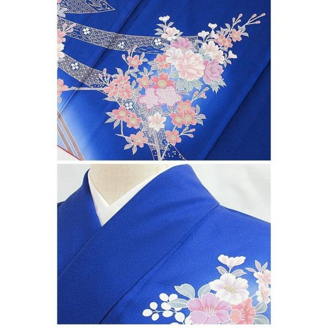 附下げ】袷着物 綸子／熨斗 波に吉祥花文／160cm前後ベスト☆ブルー 