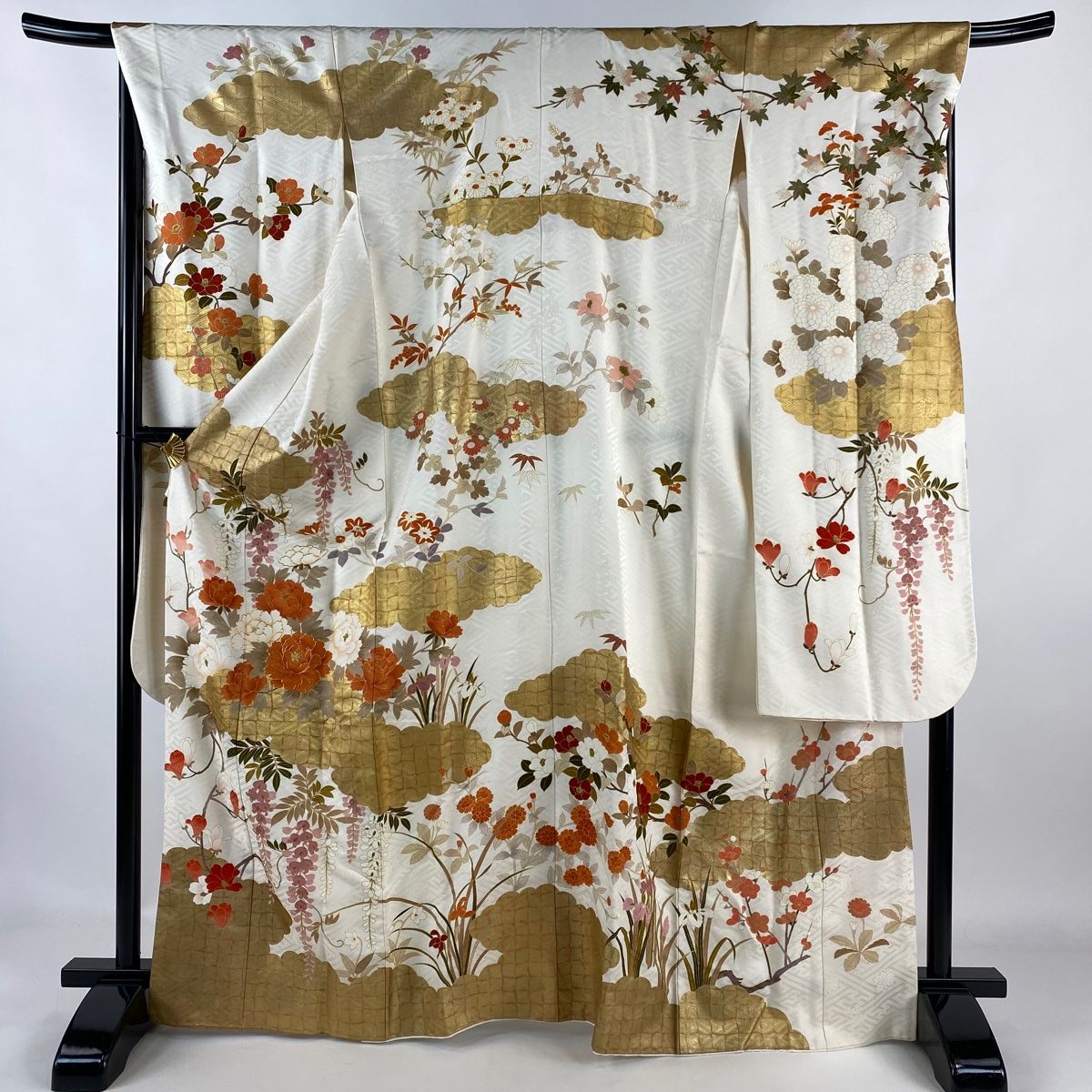 振袖 身丈166.5cm 裄丈68.5cm L 袷 牡丹 雲文 金糸 金彩 クリーム 