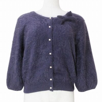 ロイスクレヨン 美品 カシミヤカーディガン 16003185-0 シャギーニット 7分袖 厚手 パールボタン リボンブローチ付き クルーネック M 紫 ロイスクレヨン Lois CRAYON 美品 カシミヤカーディガン
