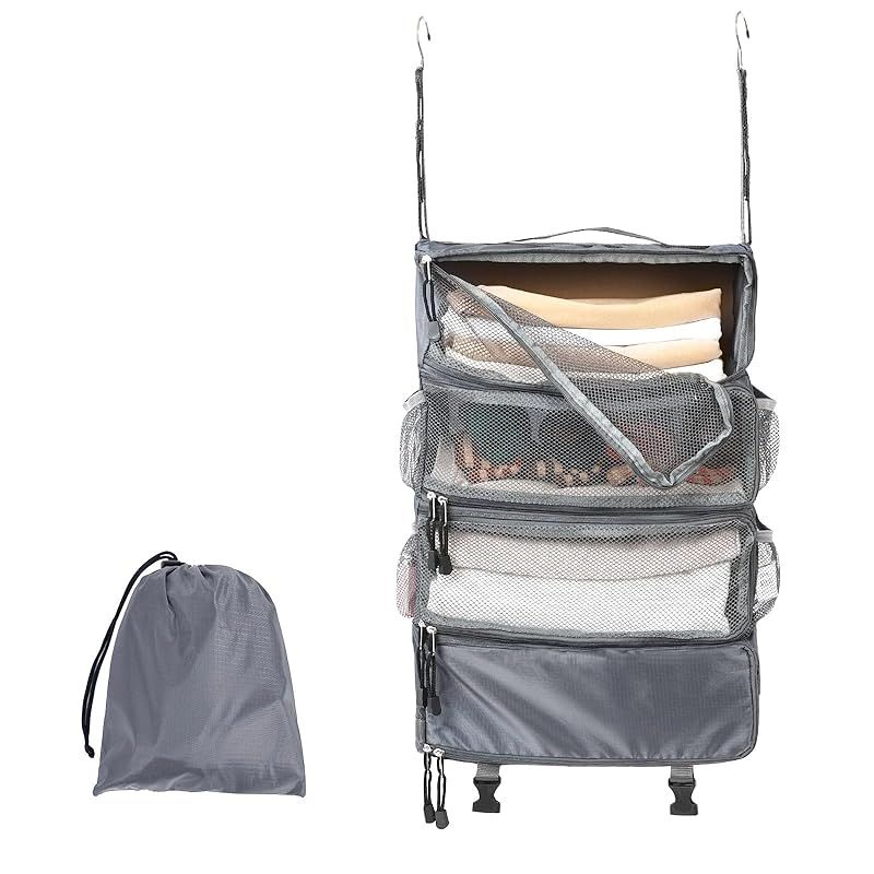 【新品】 TABITORA(タビトラ) トラベルポーチ 吊り下げ 収納 旅行 クローゼット アレンジケース 圧縮 吊り下げ収納バッグ 4段 トラベルポーチ 収納ボックス 衣装ラック 出張 パッキング キャンプ グレー M 0