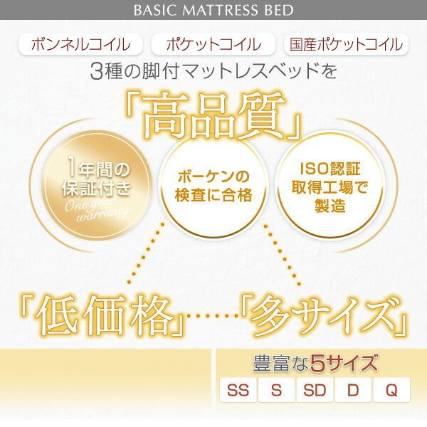 ベーシック脚付きマットレスベッド ボンネルコイルマットレス ダブル 脚22cm 組立設置付
